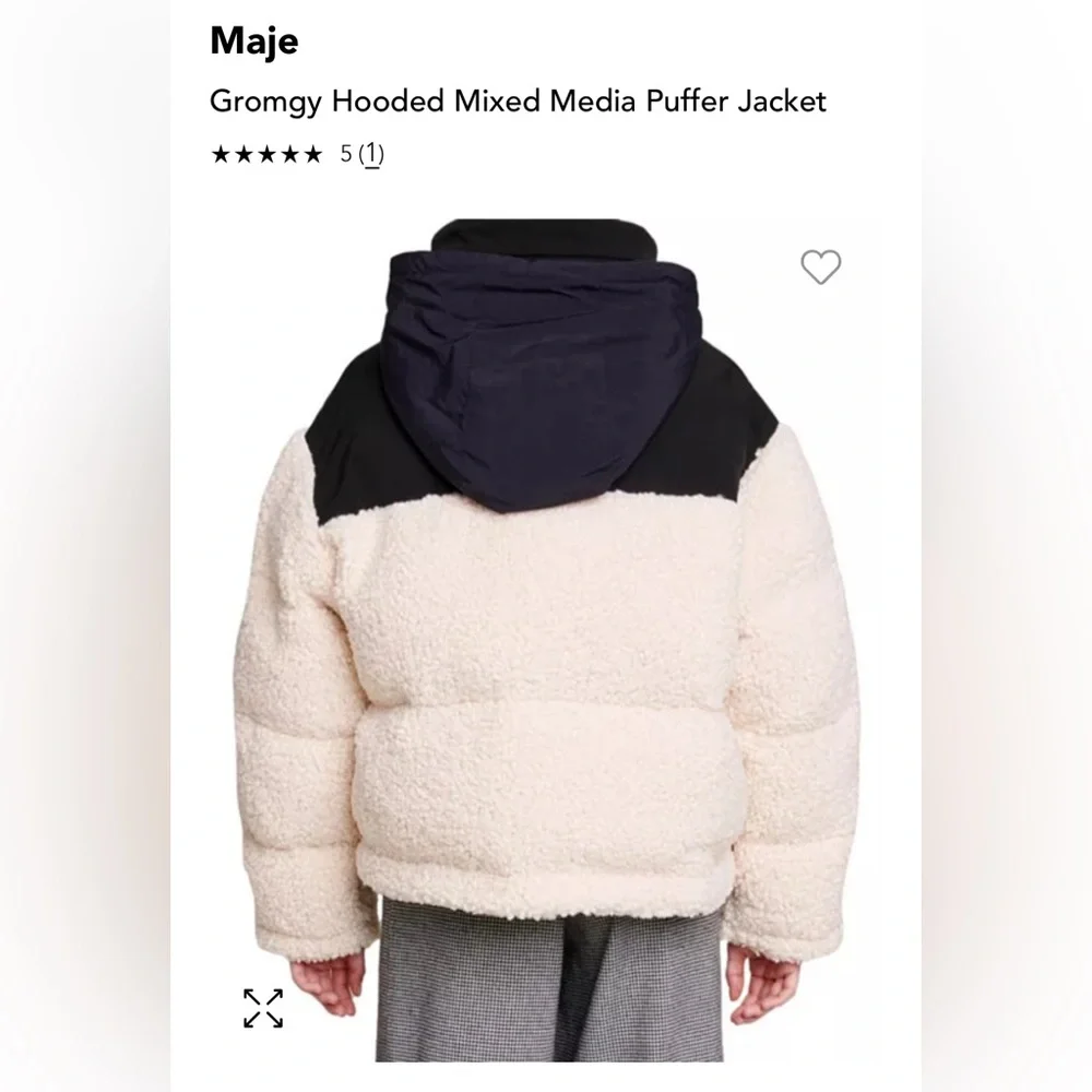 Maje Black Cream High Pile Fleece Faux Shearling Hoodie Puffer Jacket Sz 0 (XS) - Picture 4 of 16